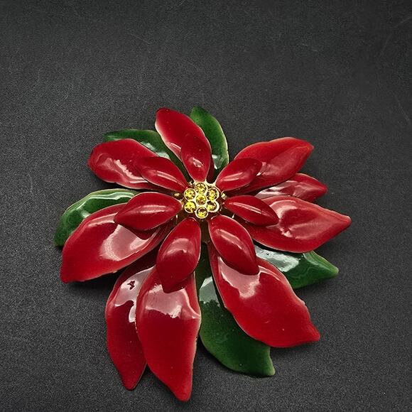 Red Enamel Poinsettia Flower Brooch Vintage Christmas Jewelry - Picture 1 of 6